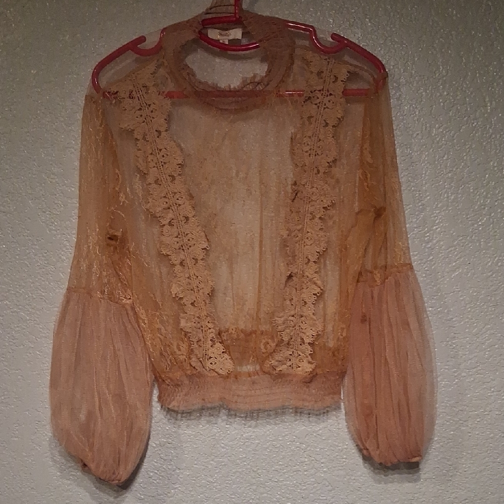 Sheer Lace-Front Blouse in Peach